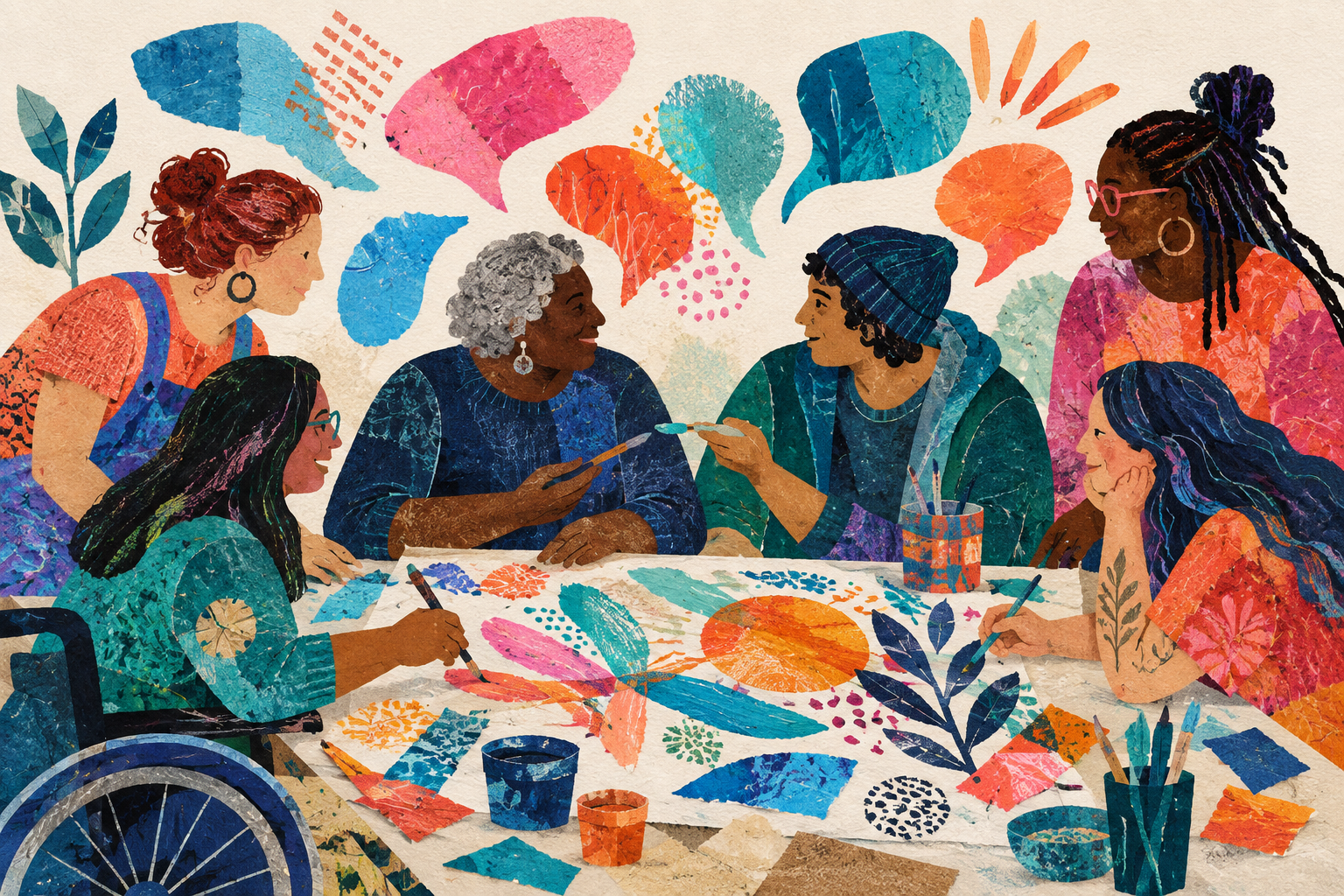 A diverse group of adults creating a colorful collaborative artwork together